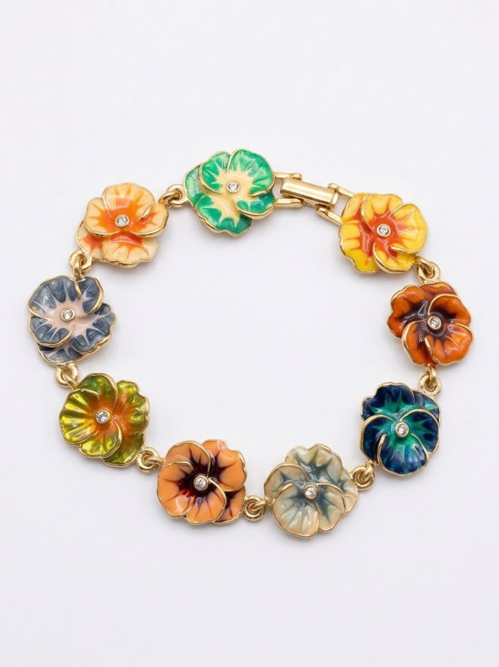 Joan Rivers Vintage Enamel Pansy Flower Bracelet Gold Rhinestone Center Multi
